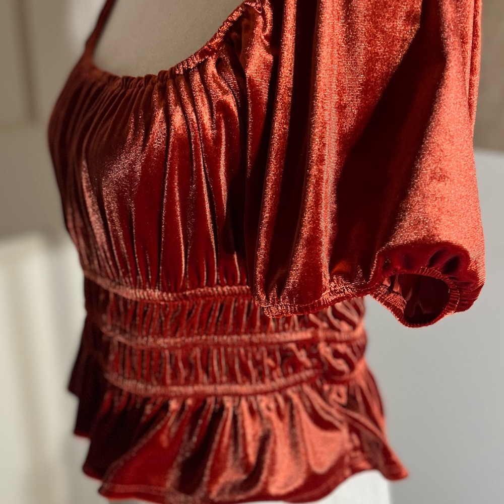 ROW A Women’s Burnt Velvet Tiered Hem Stretch Crop Top Shirt Medium Nordstrom - Picture 4 of 12